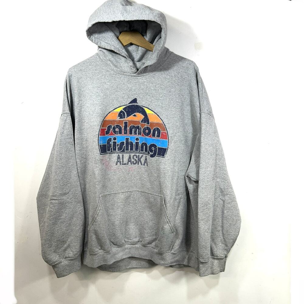 Vintage Alaska Salmon Wildlife Hooded Sweatshirt Gildan Heavyweight 2XL Gray